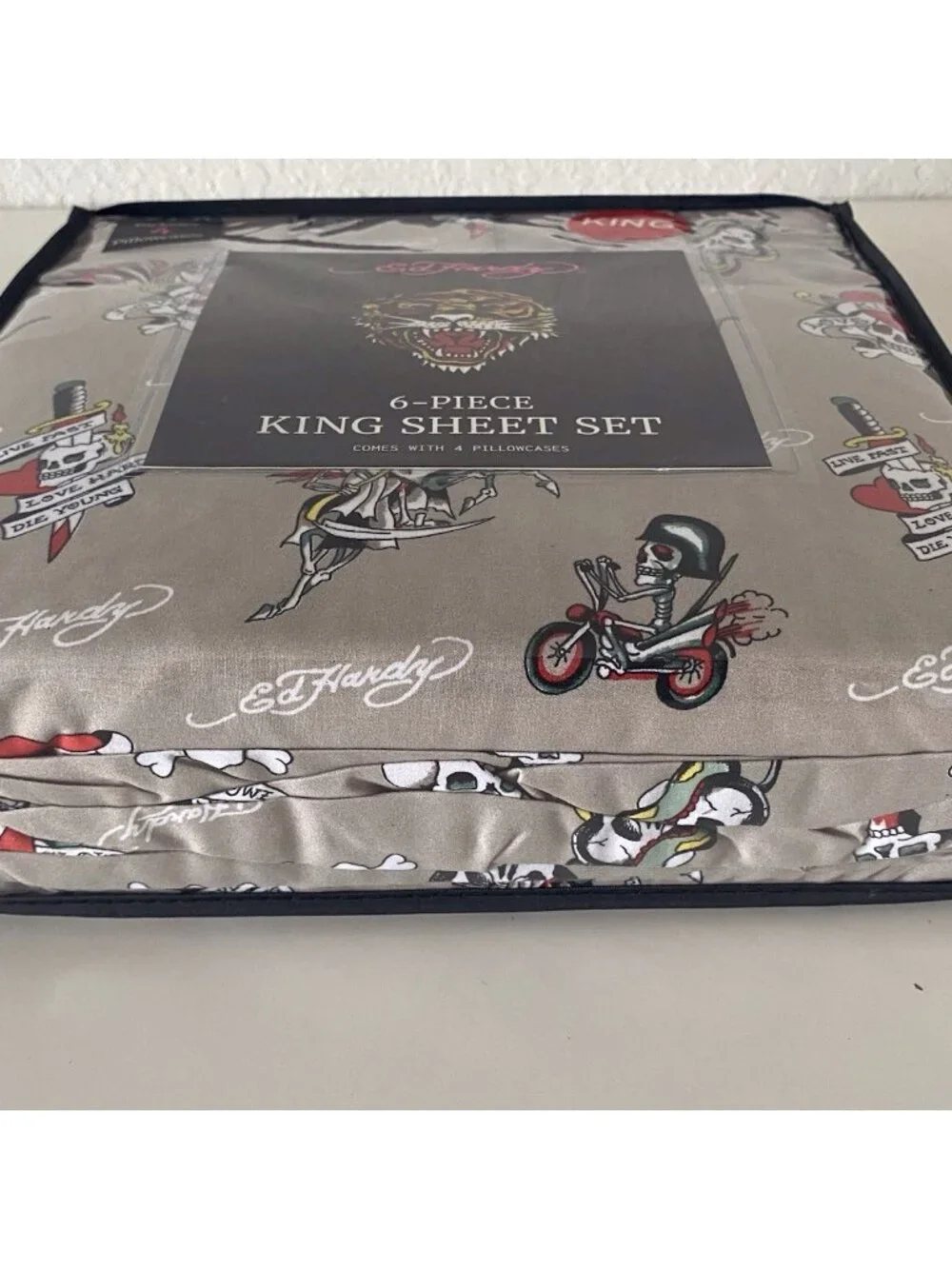 6‎ Piece Ed Hardy KING Size Sheet Set Logo Skulls Snake Hearts Roses Khaki NEW
